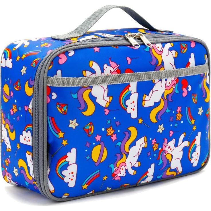 a blue lunch bag with unicorns and stars on it