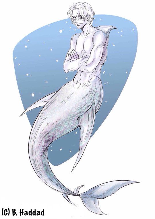 a drawing of a mermaid with his arms crossed