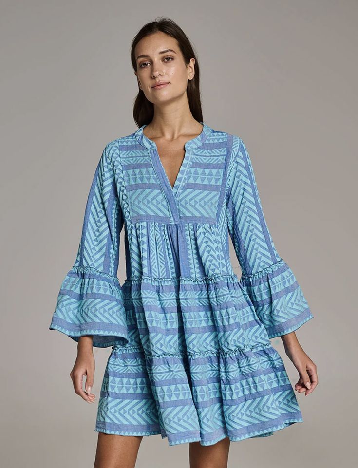 Folk Style Tunic Dress With Intricate Embroidery, Blue Long Sleeve Dress With Embroidered Sleeves, Bohemian Long Sleeve Embroidered Dress With Woven Motifs, Blue Embroidered Dress With Embroidered Sleeves, Folk Dresses With Woven Motifs And Long Sleeves, Folk Style Tunic Dress With Woven Motifs, Blue Folk Dress For Spring, Blue Bohemian Dress With Embroidered Hem, Cotton Tunic Dress With Woven Motifs