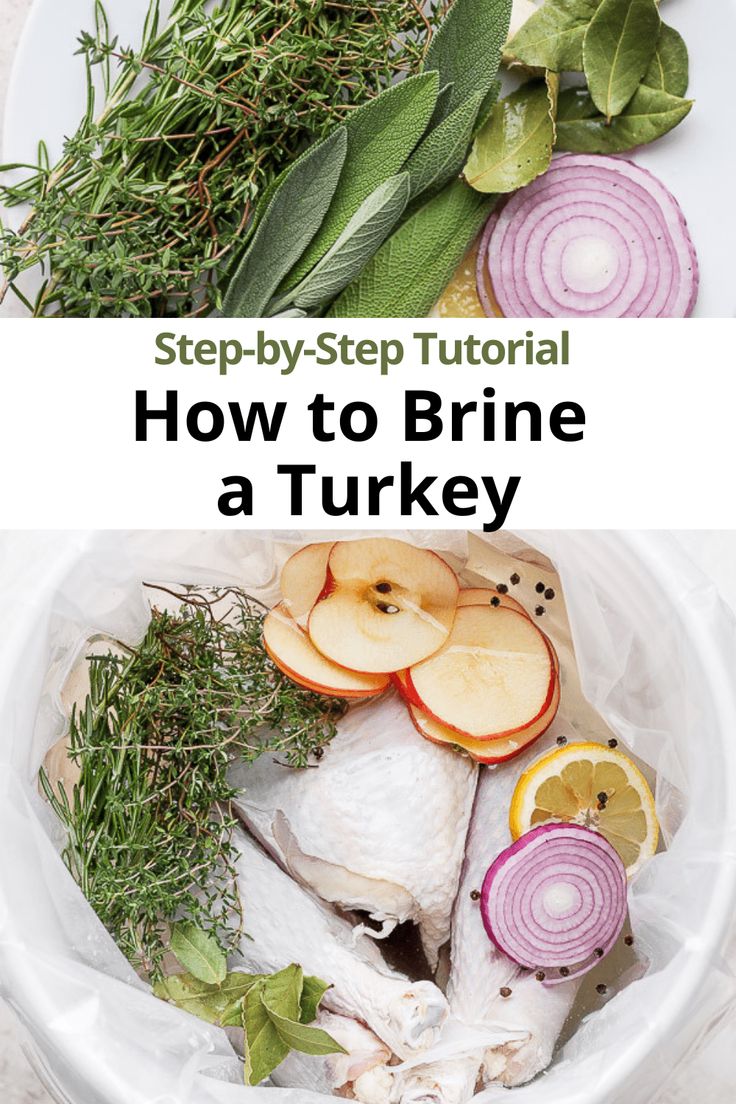 an image of how to brine a turkey with herbs and lemons on the side