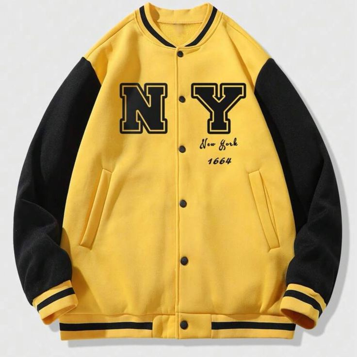 Varsity Jacket Size Xl Mens New York Coat Bomber Yellow Black New In Package Casual Yellow Varsity Jacket, Casual Yellow Outerwear With Letter Print, Fall Yellow Letter Print Outerwear, Casual Yellow Varsity Jacket For Fall, Casual Yellow Outerwear For College, Yellow Varsity Jacket For Streetwear, Yellow Varsity Long Sleeve Outerwear, Yellow Varsity Outerwear For College, Yellow Varsity Outerwear For Winter