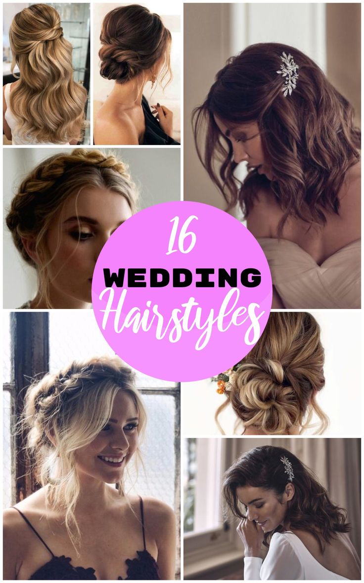 wedding hairstyles for long hair with text overlay that says 16 wedding hairstyles