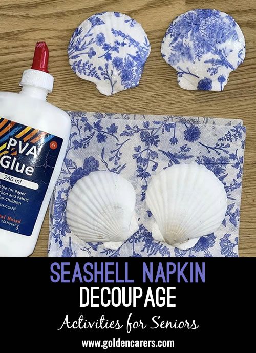 seashell napkin decoupage is displayed on a table with other items