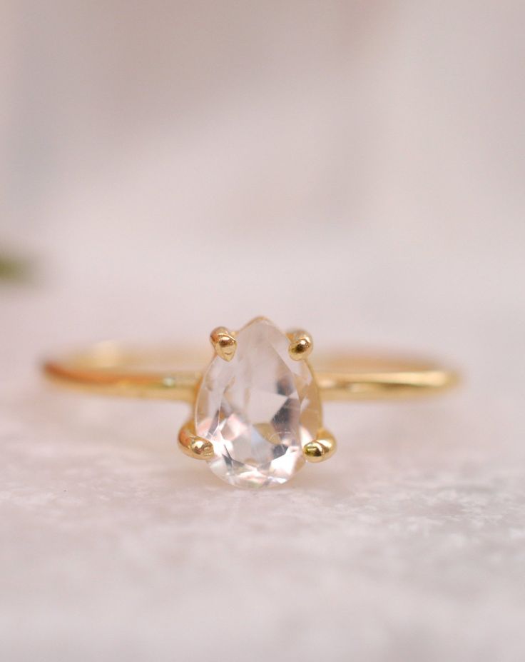 White Topaz Gold Plated Ring * Wedding * Engagement * Handmade * Statement * Bycila *Boho *Hippie * Bridal * Bridesmaid BJR069 Rose Gold Quartz, Feather Ring, Turquoise Rings, Gold Plated Rings, Crystals Stones, Blue Chalcedony, Solitaire Rings, Blue Topaz Ring, Mental Clarity