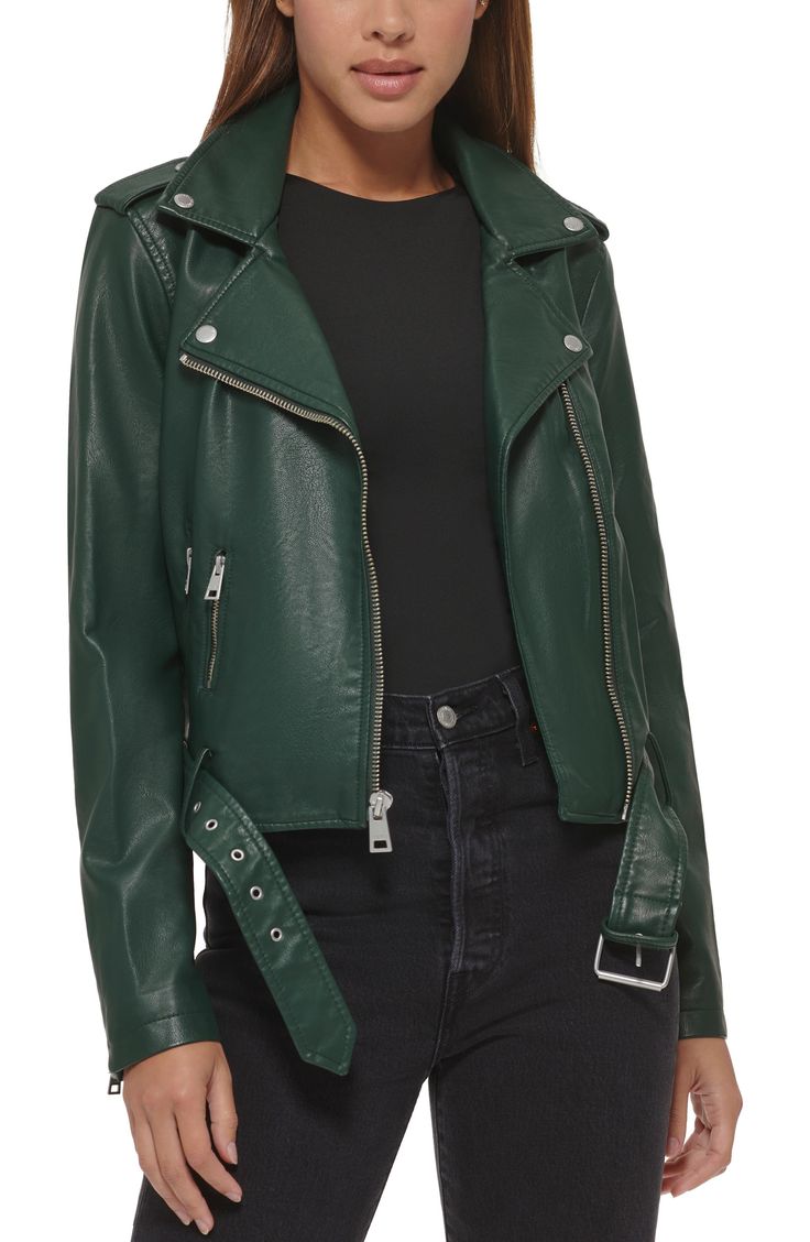 Green Leather Jacket Outfit, Green Leather Jacket, Leather Jacket Outfit, Green Leather Jackets, Maxi Skirt Outfits, Trendy Skirts, Skirt Trends, Rocker Chic, Faux Leather Moto Jacket