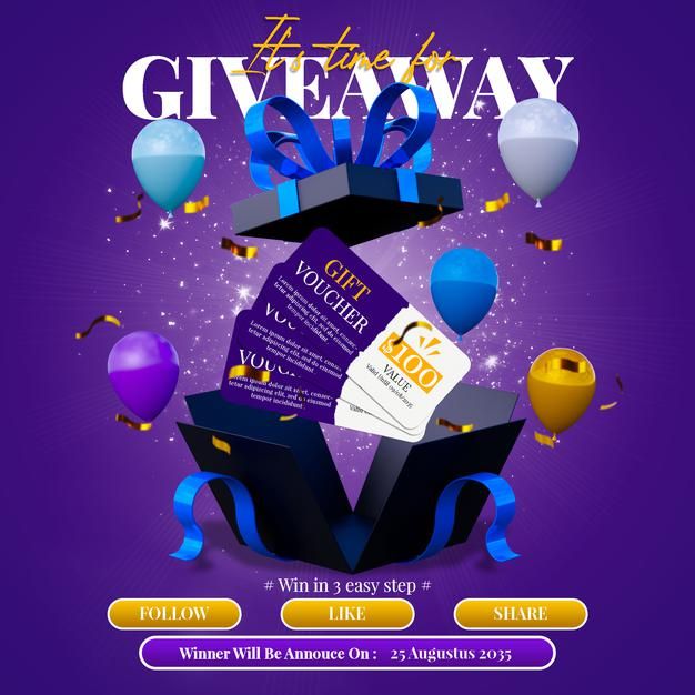 an image of a gift card with balloons and streamers in the background on a purple background