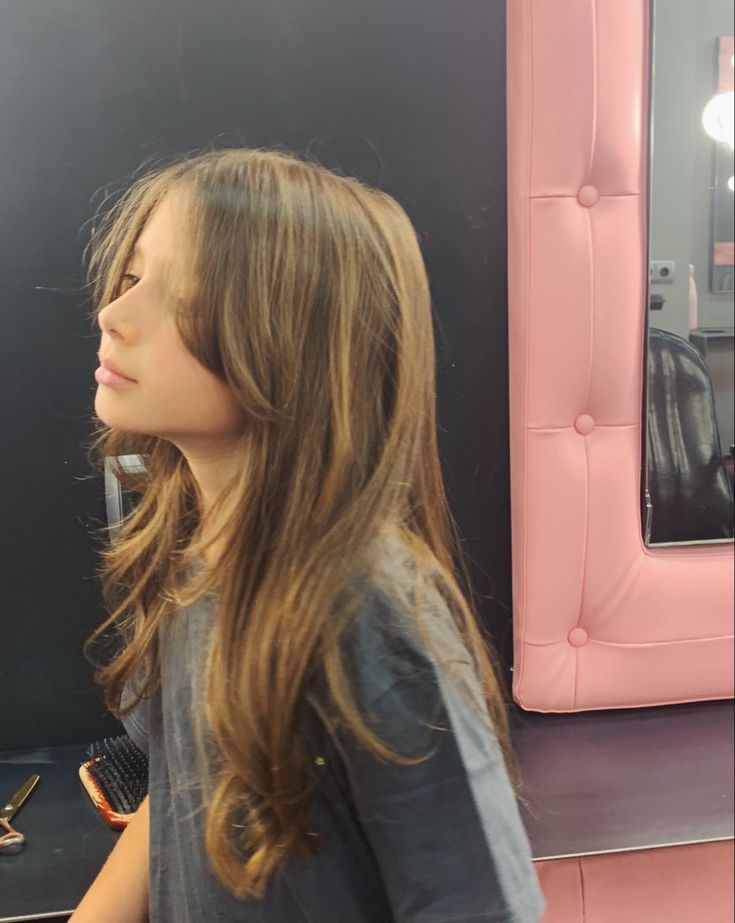 Kids Hair Cuts For Girls Long Layers, Rory Gilmore Curtain Bangs, Semi Curtain Bangs, Long Haircut With Layers And Curtain Bangs, Girl Curtain Bangs Haircut Kids, Girls Haircut Curtain Bangs, Long Layers With Curtain Bangs Thick Hair, Caramel Curtain Bangs, Feathered Layers With Curtain Bangs