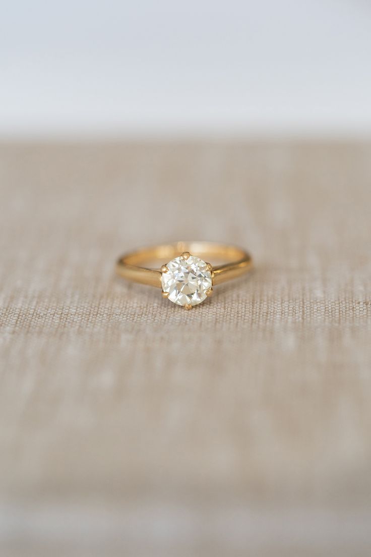 Hand-crafted 18K yellow gold diamond solitaire by Single Stone, named Blaire. It's a modish solitaire with old world charm as the gallery is beautifully scalloped like a queens crown 👸. The center stone is an old European cut diamond that sparkles like a firecracker! 1.37 ct. old European cut, M color, VS1 clarity and EGL US certified Handcrafted 18K yellow gold Do you love this ring? Yes! The ring can be made with a different center stone, price and the setting is also available in rose gold, Single Stone Diamond Rings For Women, Single Stone Rings For Women, Single Stone Rings Gold For Women, Single Stone Ring Design, Single Diamond Ring For Women, Queens Crown, Single Diamond Ring, Woman In Gold, Single Stone Ring