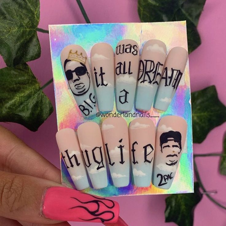 Rap Nails Design, Tupac Biggie Tattoo, Tupac Nails Acrylic, Tupac And Biggie Tattoo, 2pac Nails, Biggie Smalls Tattoo Design, Tupac Nails, 2pac Acrylic Nails, Hip Hop Nails