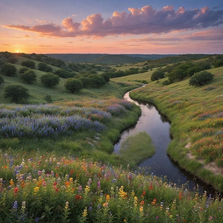 a river running through a lush green hillside covered in wildflowers and trees at sunset