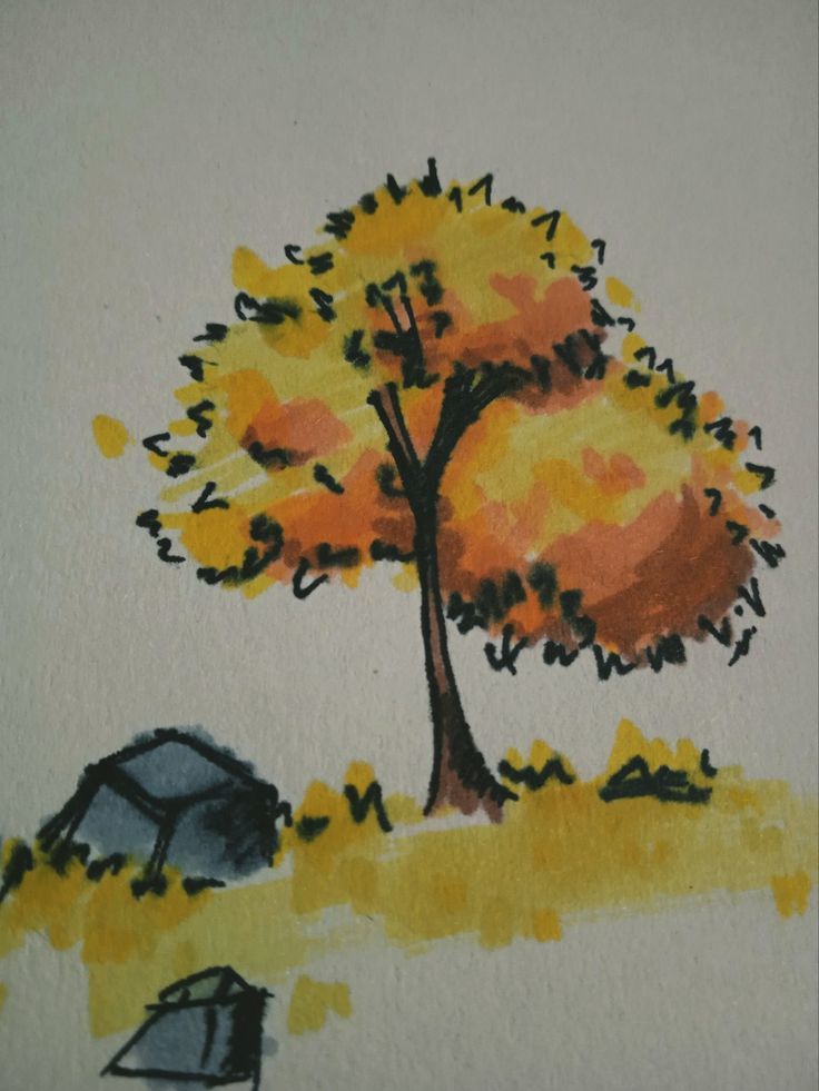 a drawing of a tree and tent in the background