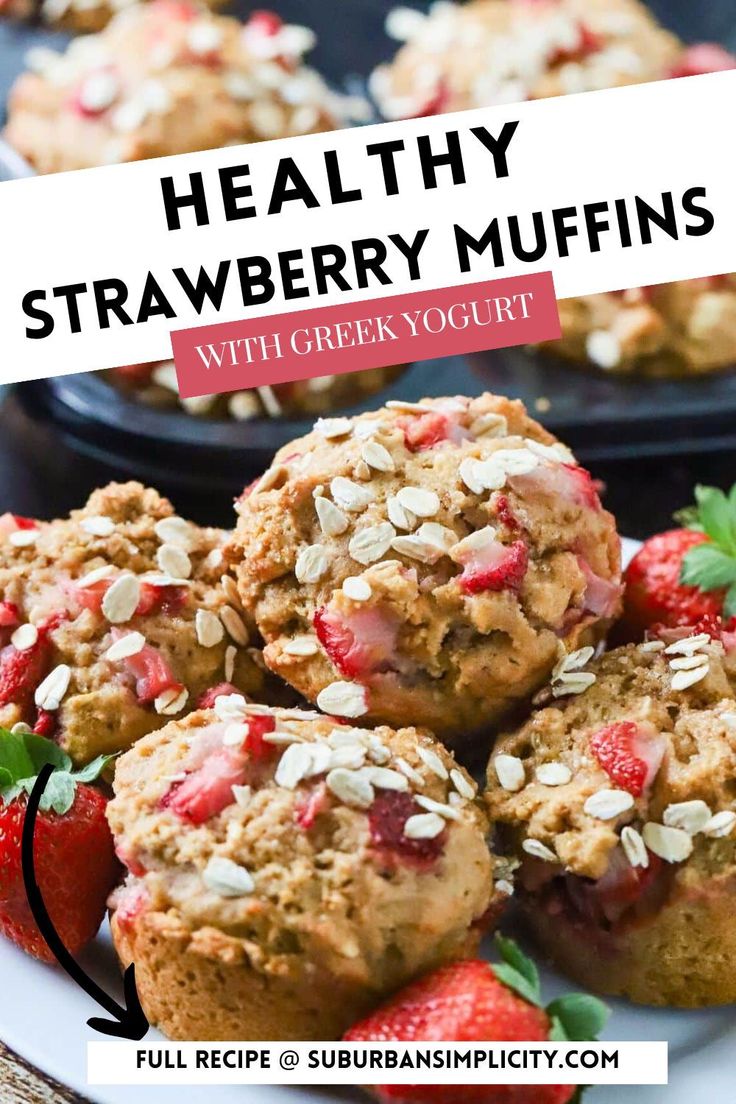 healthy strawberry muffins with green yogurt on a white plate and strawberries