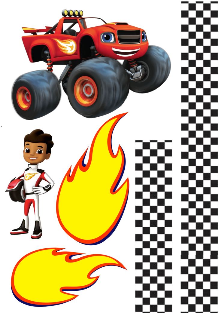 an image of a monster truck with flames on the side and checkerboard background