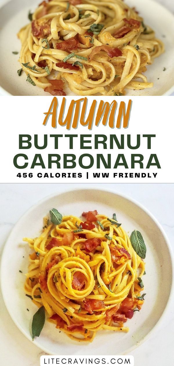 an image of a plate of food with text overlay that reads autumn butternut carbonara