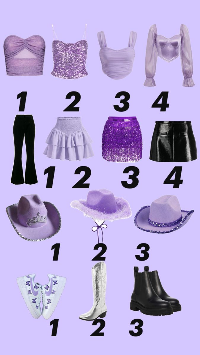 a purple poster with different types of hats and clothes on it's sides, including bras