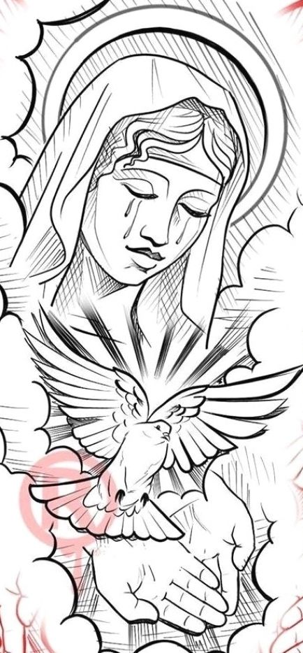 a drawing of the virgin mary holding a dove