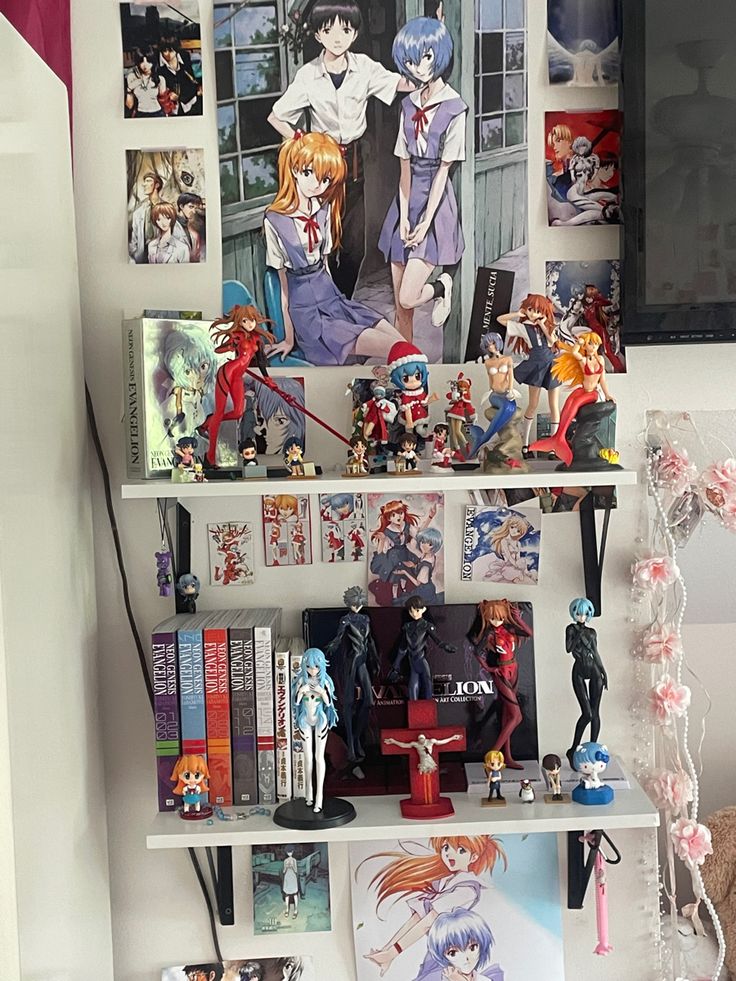 the shelves are filled with anime figurines and pictures