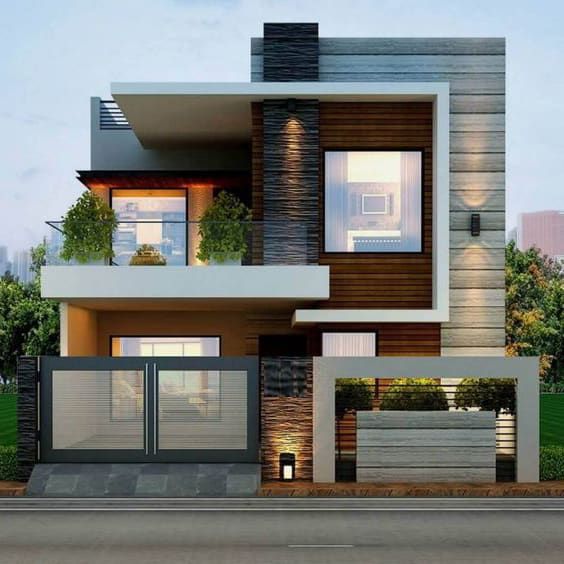 this is a modern style house with lots of windows and balconies on the second floor