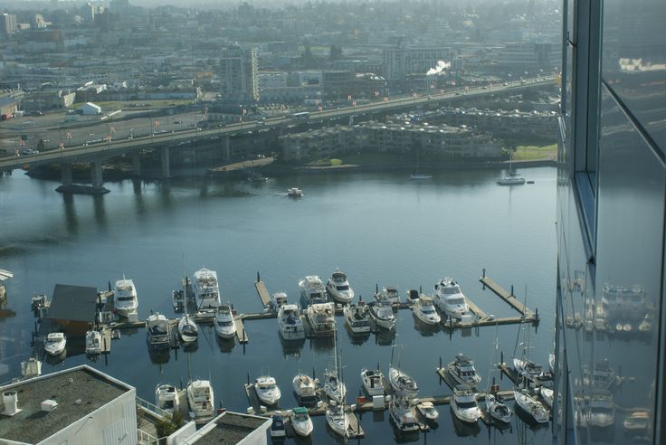 boats are docked in the water next to a bridge