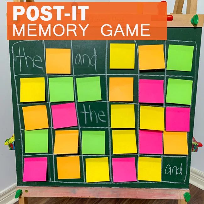 an easel with post it memory game written on the front and back in bright colors