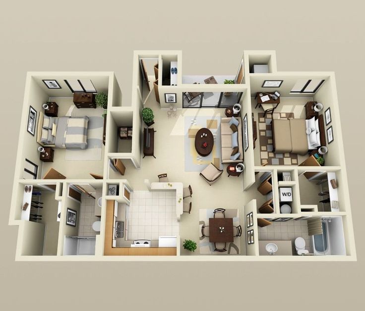 an overhead view of a two bedroom apartment with living room, dining area and kitchen