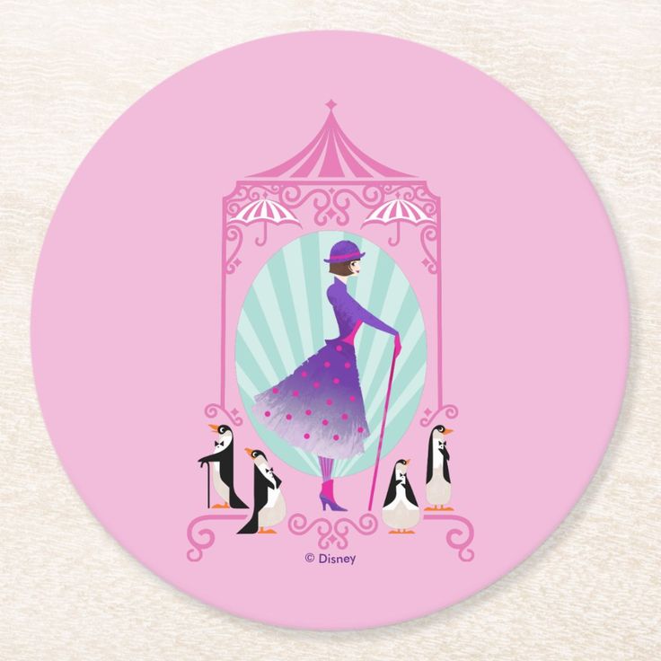 a pink coaster with an image of a woman in a purple dress and penguins on it