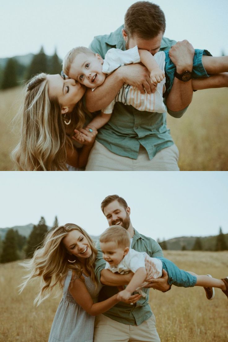 two pictures of a man and woman holding their children in the middle of an open field