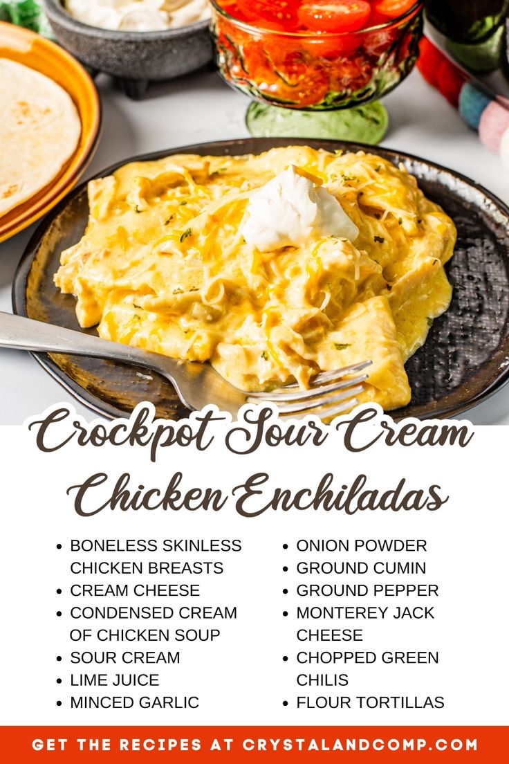 the recipe for crockpot your cream chicken enchiladas is shown on a plate