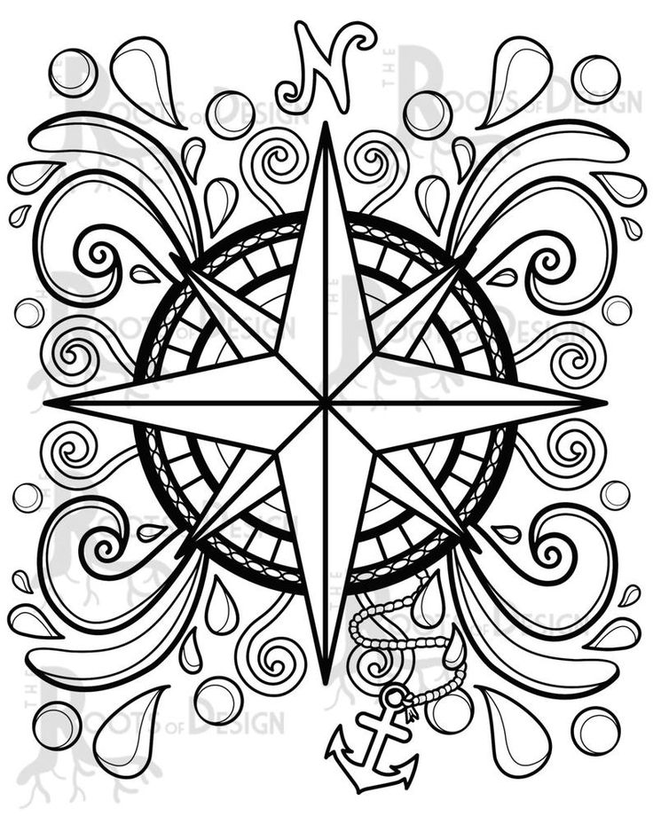 a black and white drawing of a star with swirls on the side, surrounded by an anchor