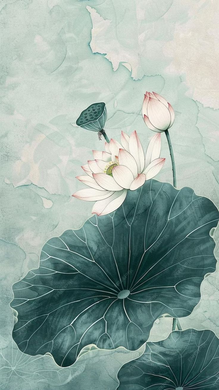 an image of a painting with flowers and leaves on the water's surface in green tones