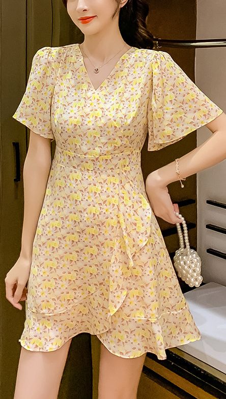 $49.90 -  Cute yellow floral short summer wrap front dress with v-Neck. For elegant ladies, teens and feminine women. Perfect for casual simple summer day outfit. Yellow Mini Floral Dress For Summer, Yellow Floral Mini Dress For Spring, Yellow Mini Floral Dress For Spring, Yellow Floral Print Mini Dress For Spring, Floral Print Chiffon Mini Dress, Spring Yellow Floral Print Mini Dress, Yellow Ditsy Floral Print Mini Dress, Yellow Ditsy Floral Mini Dress, Elegant Yellow Floral Summer Dress