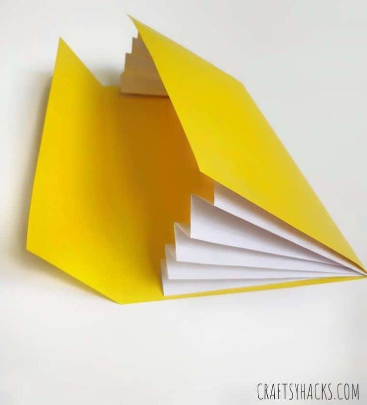 an open yellow book with white pages on the bottom and one page folded in half