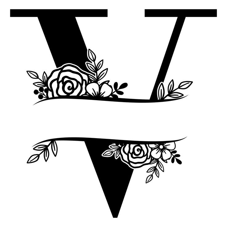 the letter v is decorated with flowers and leaves