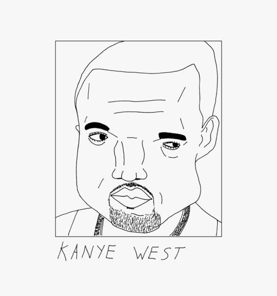 a black and white drawing of a man's face with the words kanye west