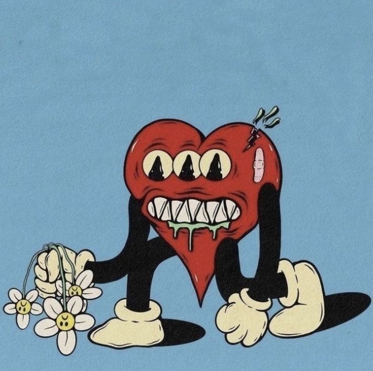 an image of a cartoon character holding a heart with teeth and flowers in the foreground