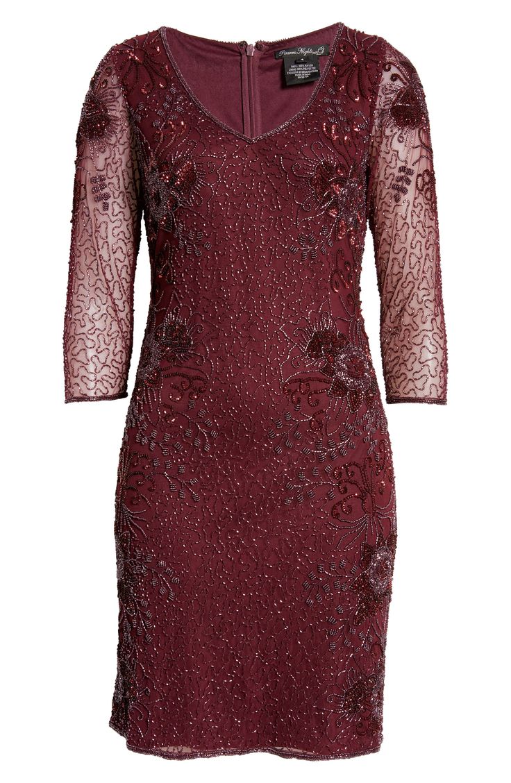 A curve-skimming mesh sheath makes an opulent choice for red-letter events with artfully swirled floral beading with light-catching shimmer. 37 1/2" length (size 8) Hidden back-zip closure V-neck Three-quarter sleeves Lined, except sleeves 100% rayon Spot clean Imported Special Occasion Holiday Sequined Mother Of The Bride Dress, Beaded Evening Dress For Holiday, Beaded Holiday Evening Dress, Holiday Embellished Fitted Mother Of The Bride Dress, Elegant Beaded Evening Dress For Holiday, Elegant Embellished Burgundy Dresses, Holiday Beaded Evening Dress, Mesh Cocktail Dress, Cocktail Dress Nordstrom