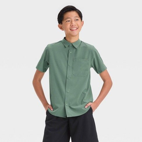 Boys' Textured Woven Shirt - All In Motion™ North Green L Solid Color Summer School Tops, Casual Solid Short Sleeve Shirt With Placket, Casual Relaxed Fit Shirt For School, Solid Color Cotton School Shirt, Solid Cotton School Shirt, Solid Cotton Shirt For School, Solid Summer Shirt For School, Solid Color Camp Shirt With Short Sleeves, Green Shirt For School In Summer