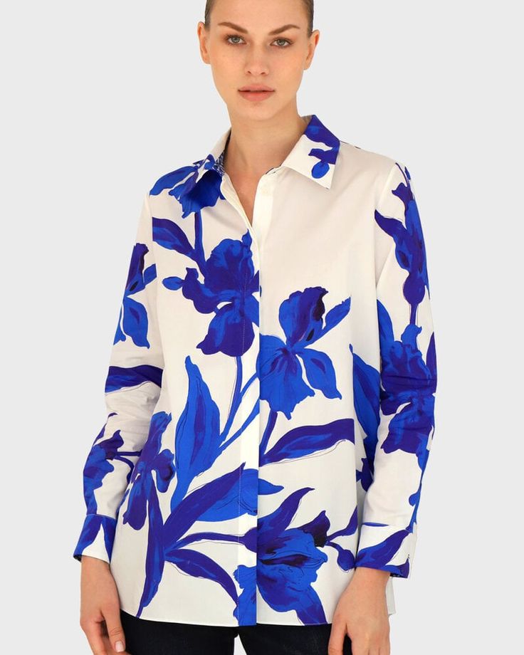 White Floral Print Shirt For Formal Occasions, Designer Blue Blouse For Spring, Designer Blue Shirt With Spread Collar, Designer Blue Tops For Spring, Formal Blue Floral Print Tops, Beach Boutique, Lake Como Italy, Cashmere Poncho, Como Italy