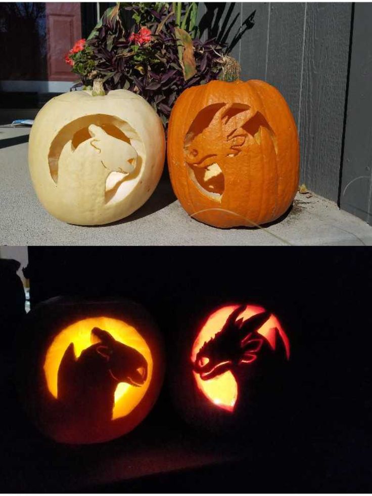 two pumpkins with carved animals on them, and one has a dragon in the center