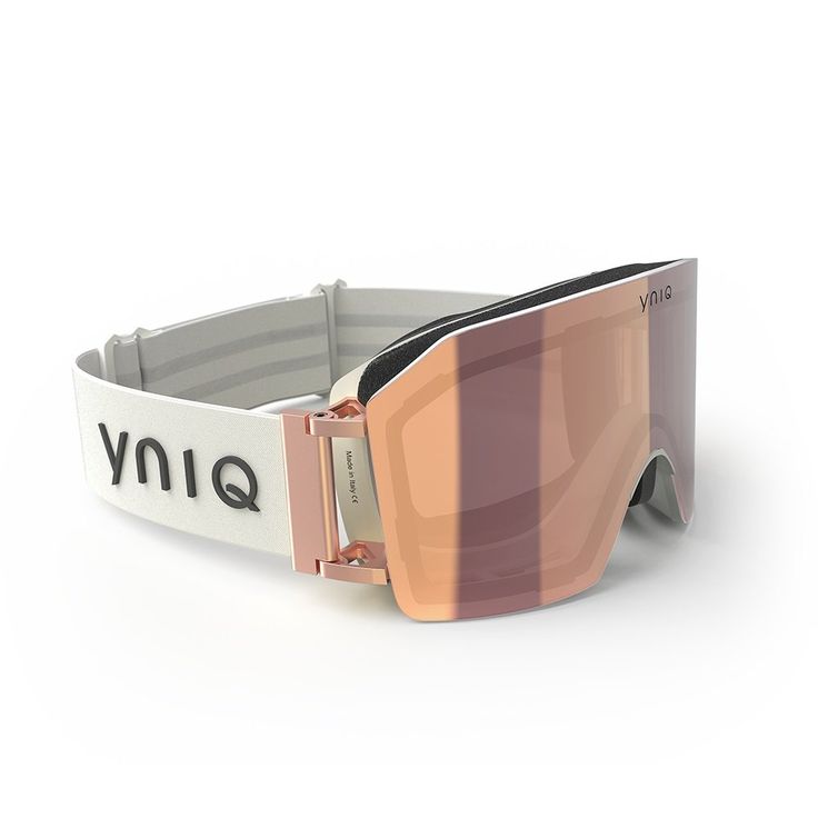 an image of a pair of goggles with pink mirrored lenses on white and grey strap