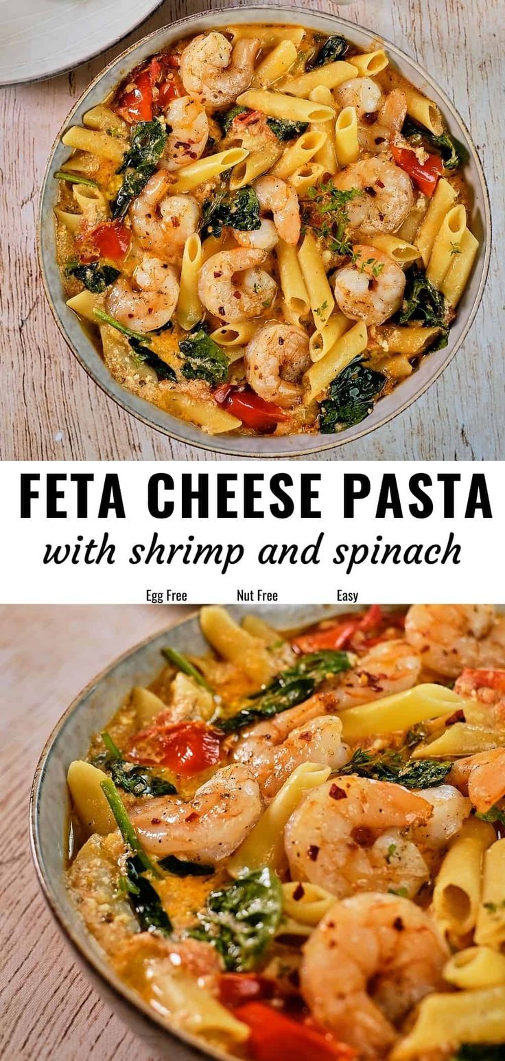 two plates of pasta with shrimp and spinach on them, one is in a skillet