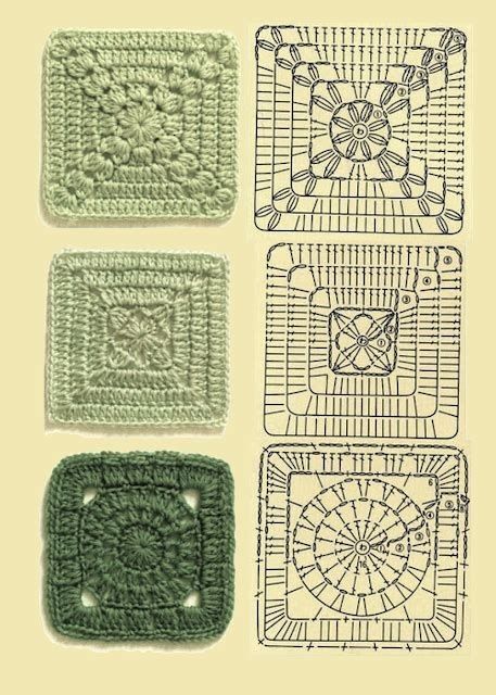 four crocheted squares are shown in green and white, with the same design on each