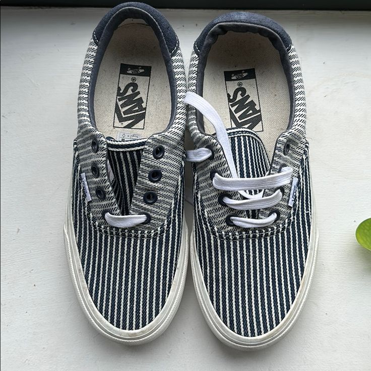 Navy Blue Stripped Vans! Never Worn Sporty Striped Low-top Sneakers, Striped Sporty Sneakers With Round Toe, Sporty Striped Sneakers With Round Toe, Casual Striped Sneakers For Spring, Striped Low-top Sneakers For Streetwear, Casual Striped Low-top Sneakers, Vans Vault, Vans Blue, Shoes Vans