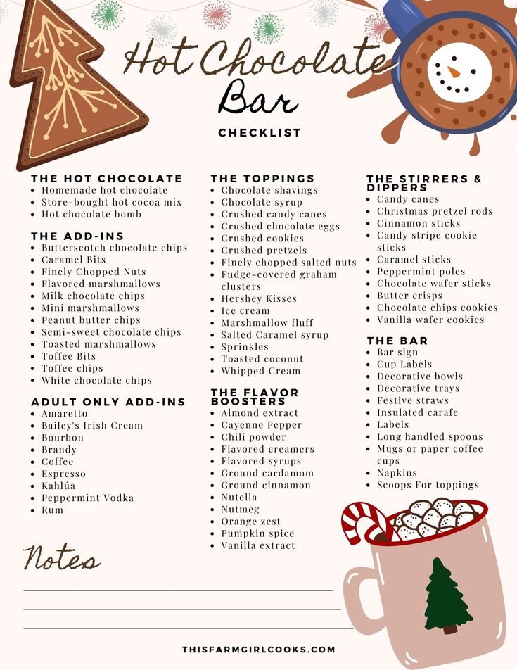 the hot chocolate bar checklist is filled with holiday treats and other things to eat