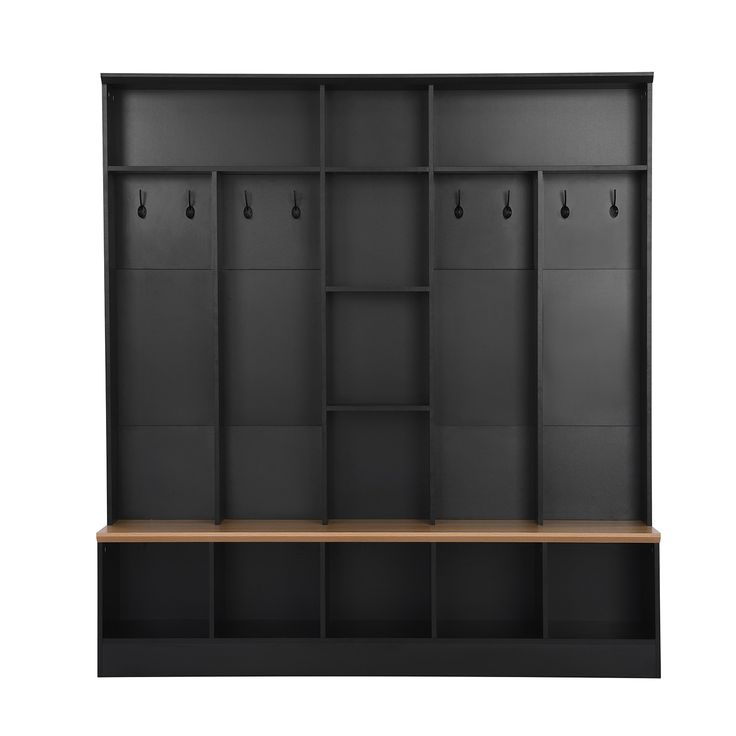 an empty black shelf with hooks on it