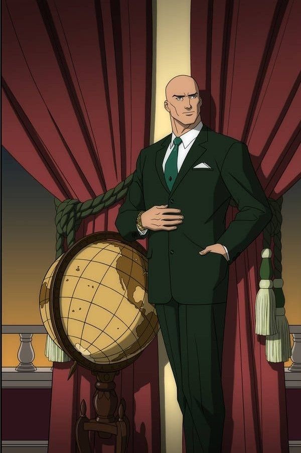 a man in a suit and tie standing next to a globe with the words lek luthr painting on it