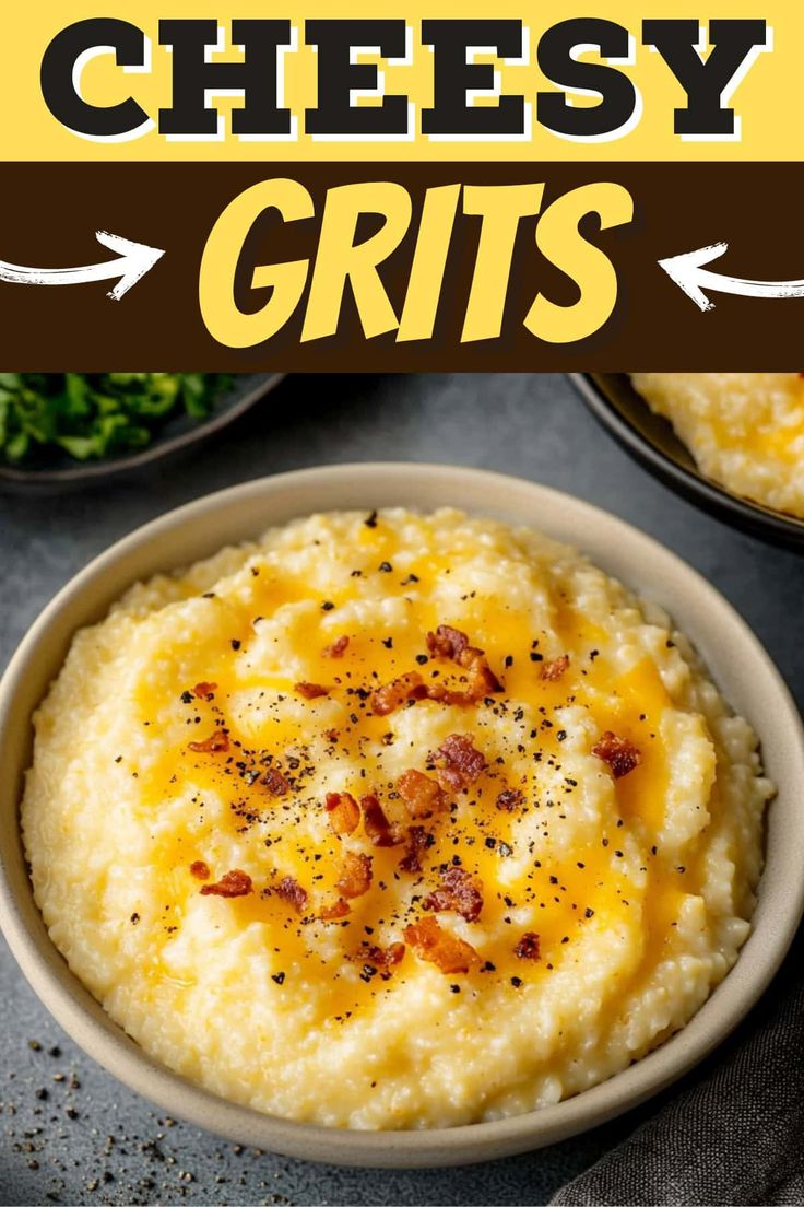 a bowl filled with mashed potatoes and topped with cheesey grits on top