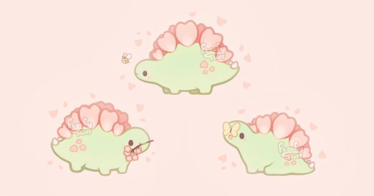 three green dinosaurs with pink flowers on their heads and hearts in the back, against a light pink background