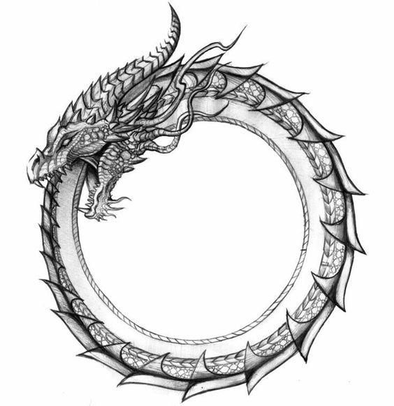 a black and white drawing of a dragon in the middle of a circle with its tail curled