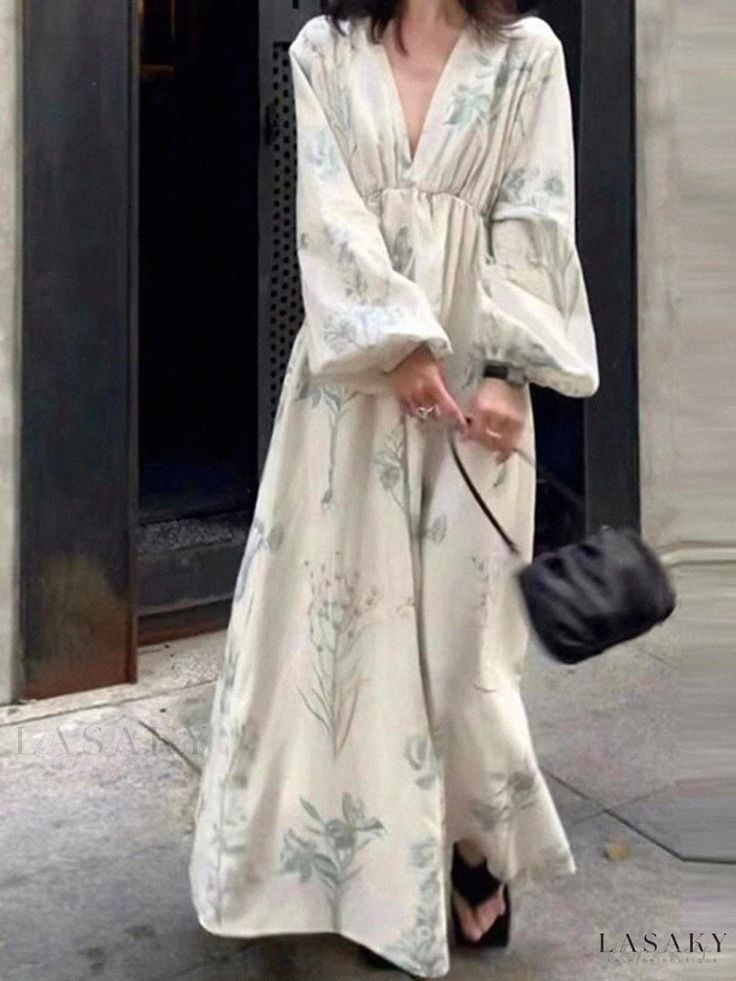 Lasaky - Vacation Floral Maxi Dress with Puff Sleeves Dress With Puff Sleeves, Bubble Sleeve, Sleeves Clothing, Floral Maxi, Types Of Skirts, Collar Dress, Floral Maxi Dress, A Line Skirt, Types Of Collars